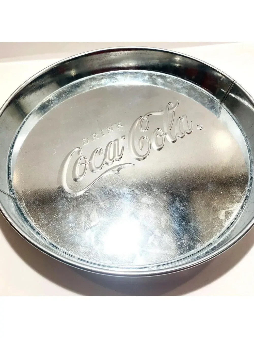 Coca Cola Chrome Silver Tin Tray Retro Coke Circle VTG Kitchen Decor Memorabilia